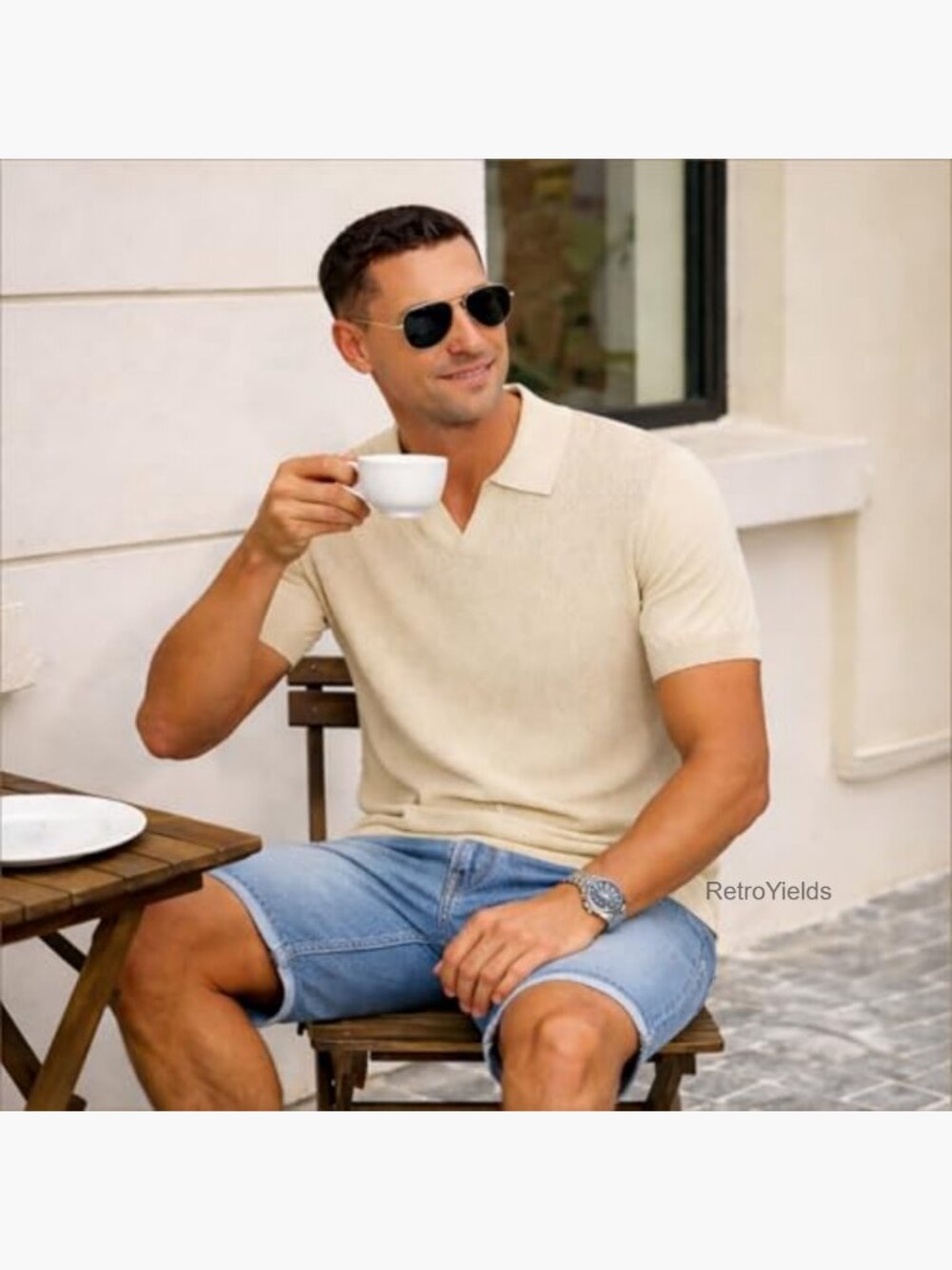 Men's Textured V-Neck Short Sleeve Polo Shirt - Casual Golf Pullover - Picture 6 of 7